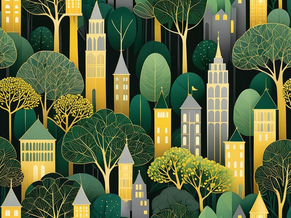Whimsical cityscape with lush trees and golden foliage