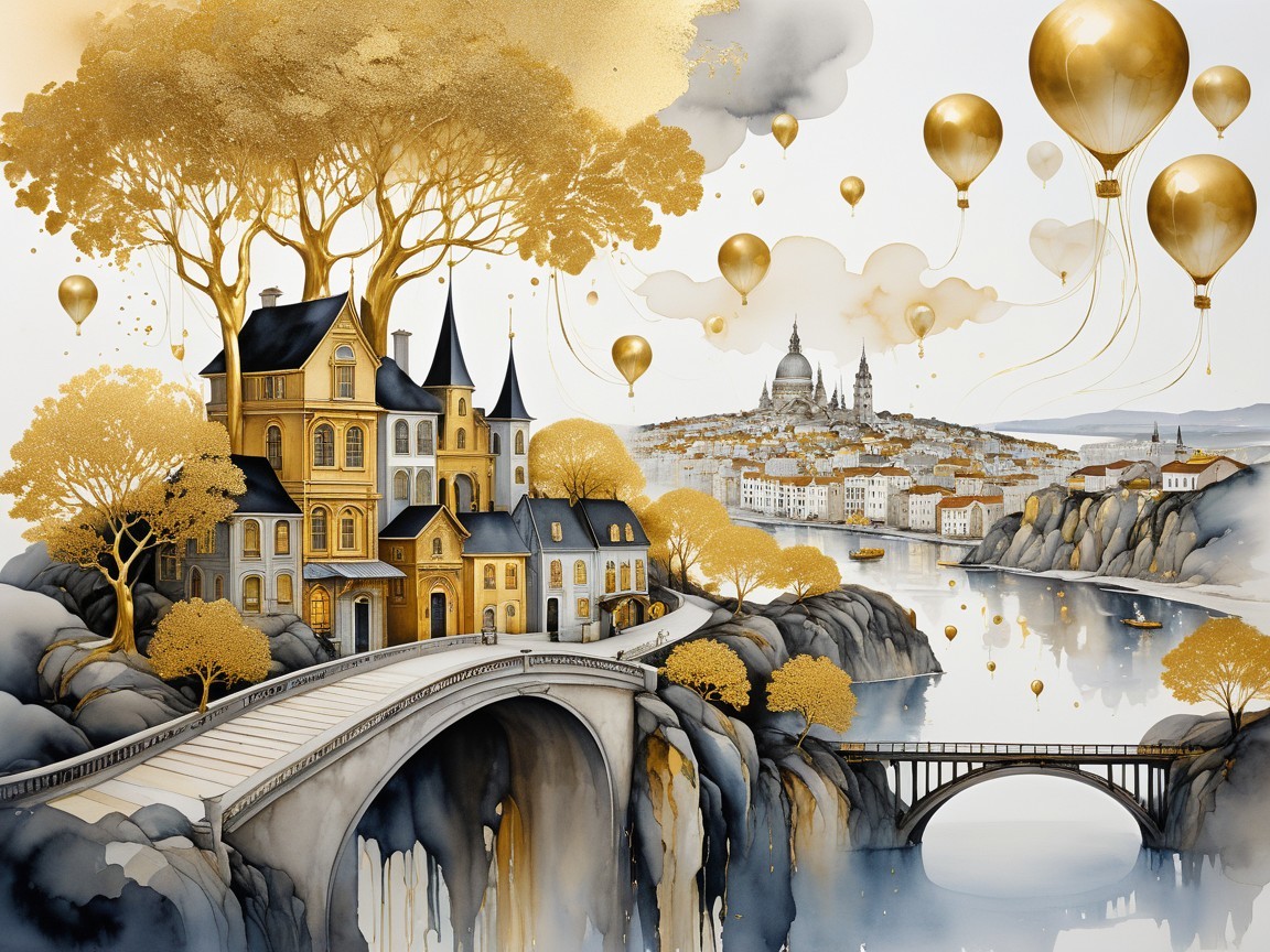 Whimsical Landscape with Golden Mansion and Balloons
