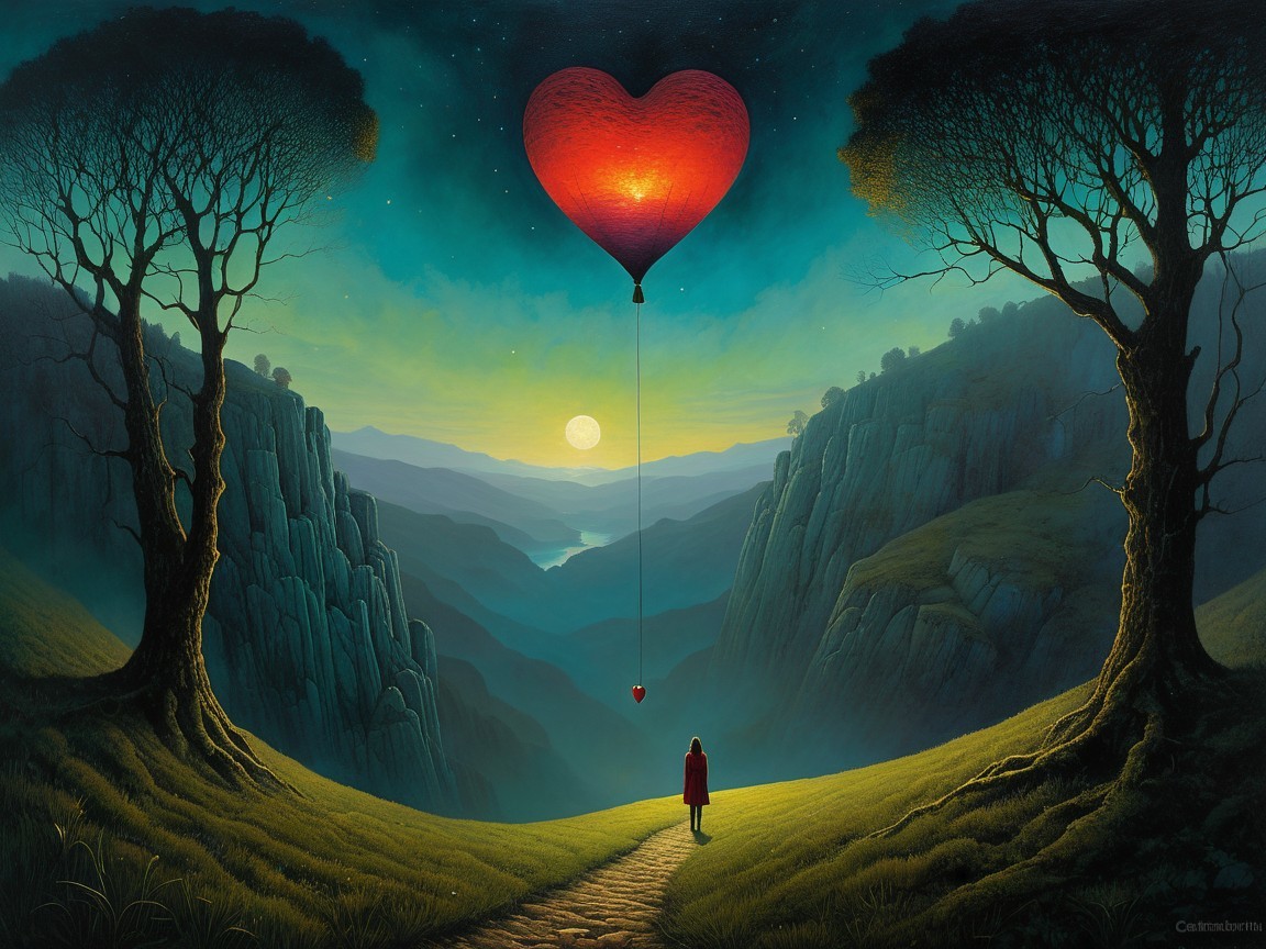 Surreal Landscape with Balloon and Twilight Sky