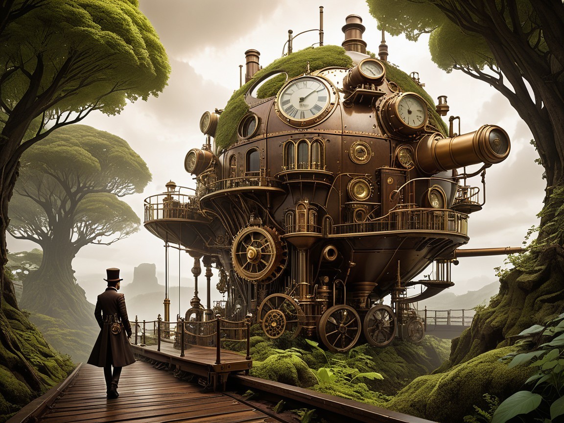 Whimsical Steampunk Landscape with Gears and Nature
