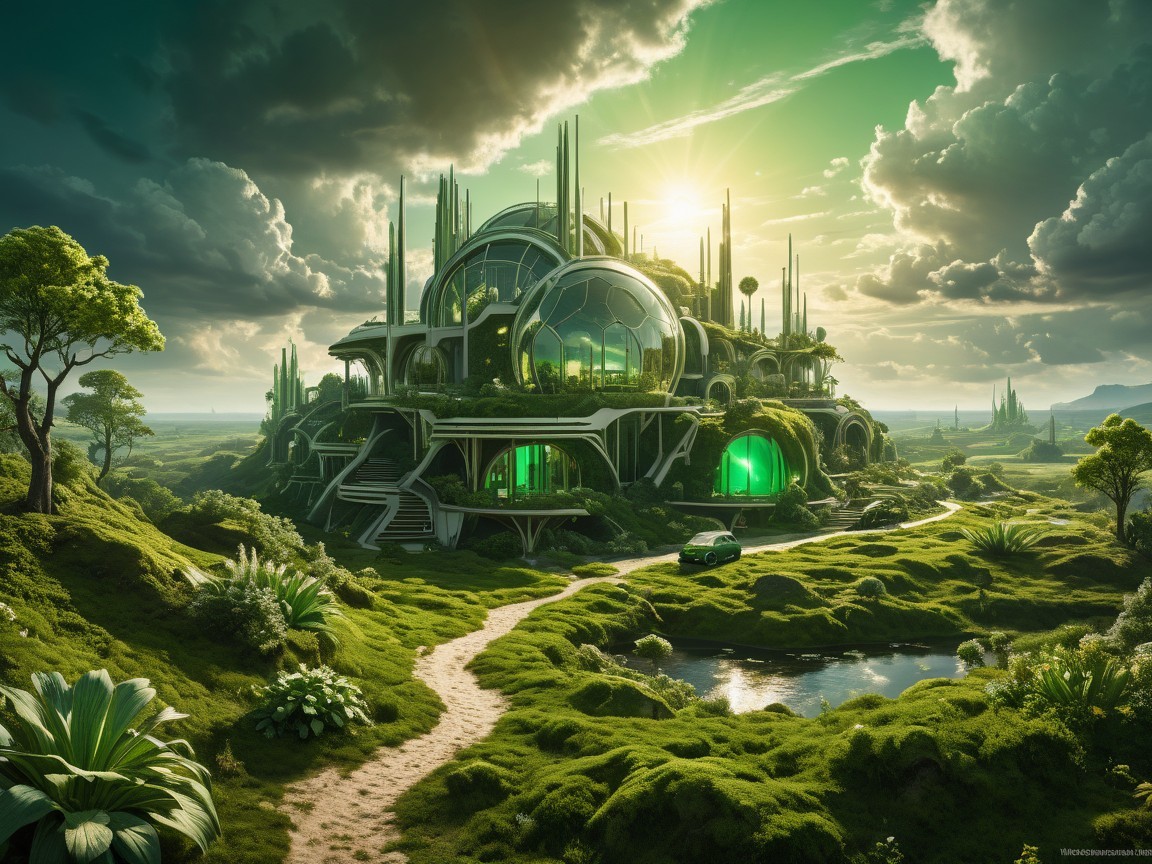 Futuristic Landscape with Architectural Marvel and Nature