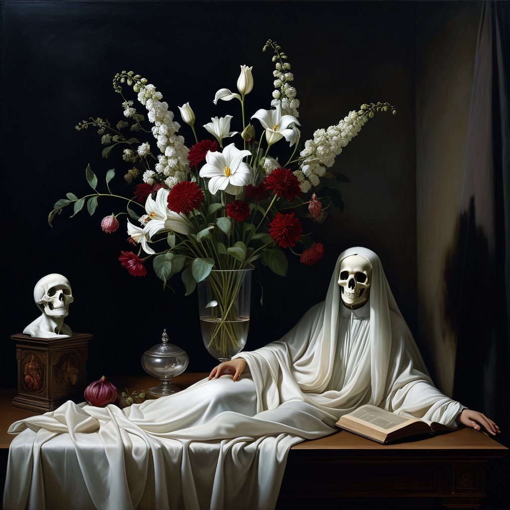 Still Life with Skulls, Flowers, and Open Book