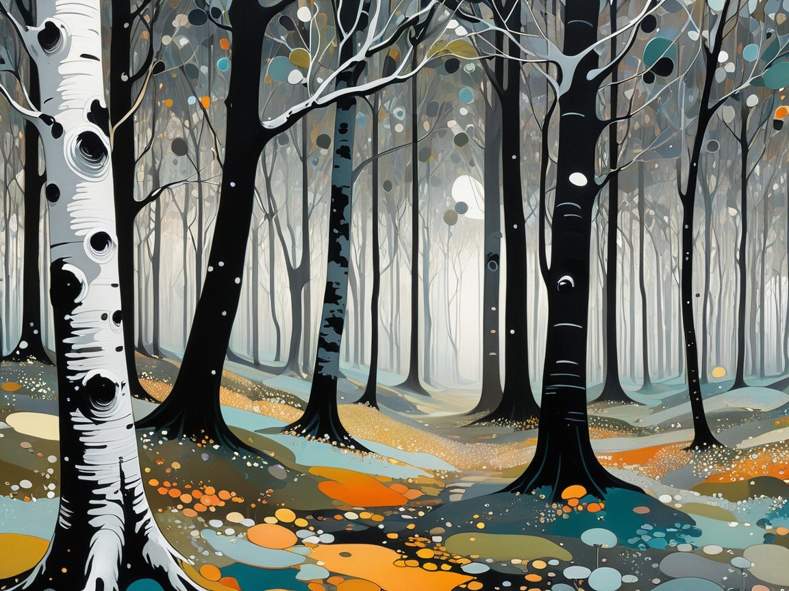 Surreal Forest Scene with Stylized Trees and Patterns