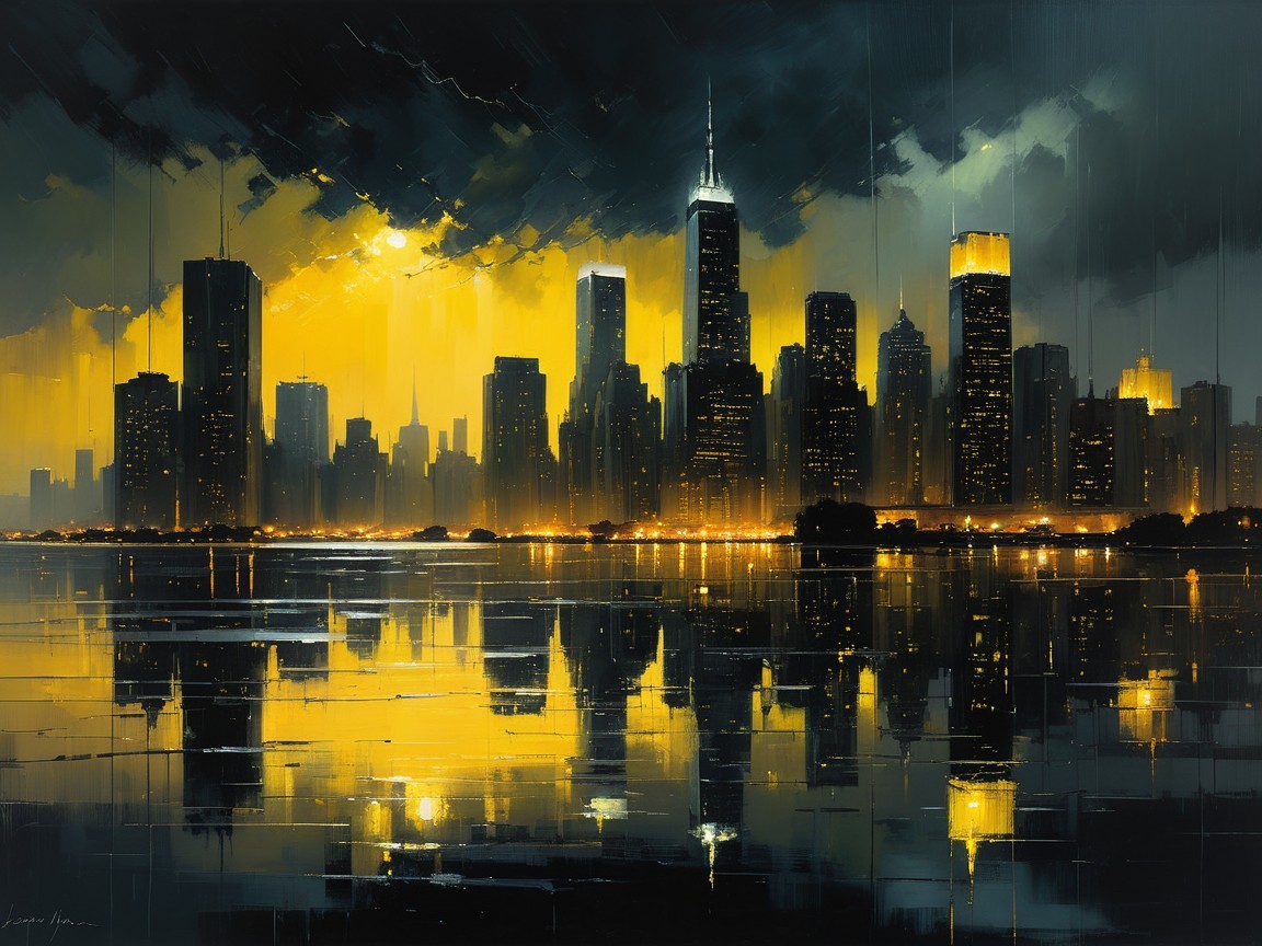 Vibrant City Skyline at Dusk with Reflections