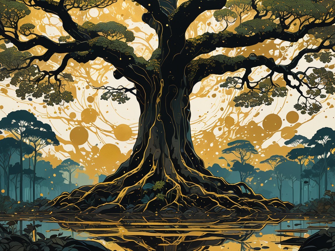 Majestic Tree with Abstract Golden Background