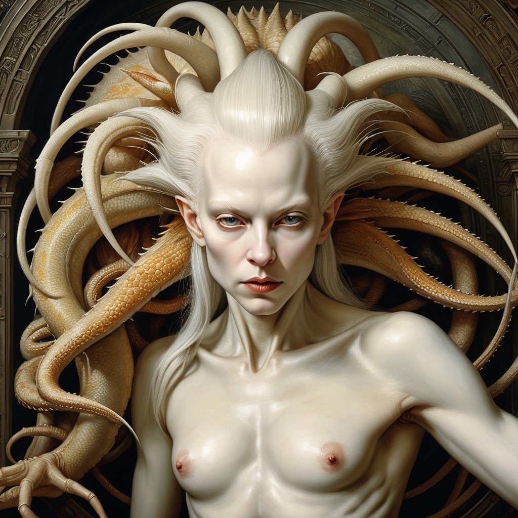 Surreal figure with pale skin and flowing white hair
