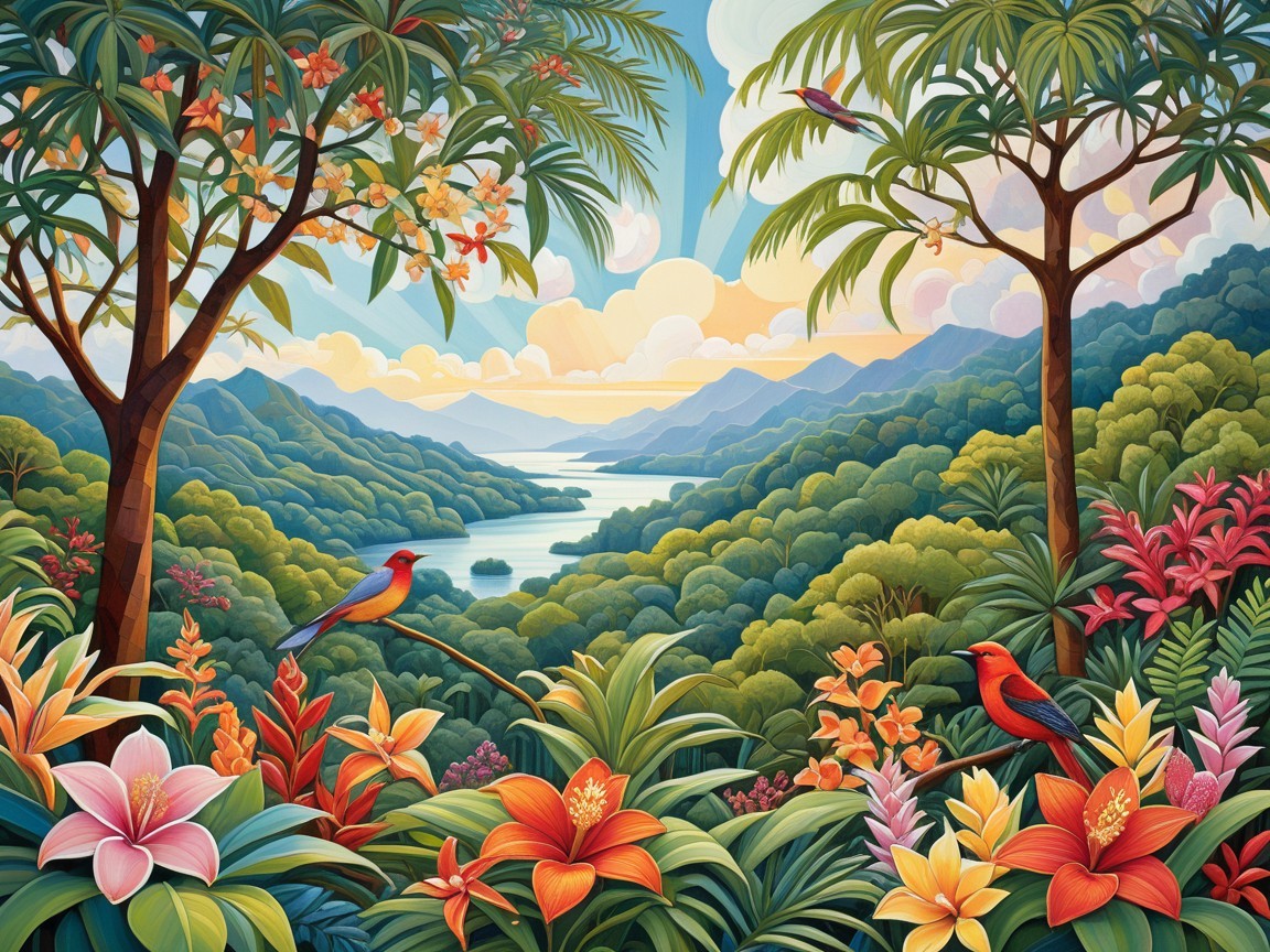 Vibrant Tropical Landscape with Mountains and River