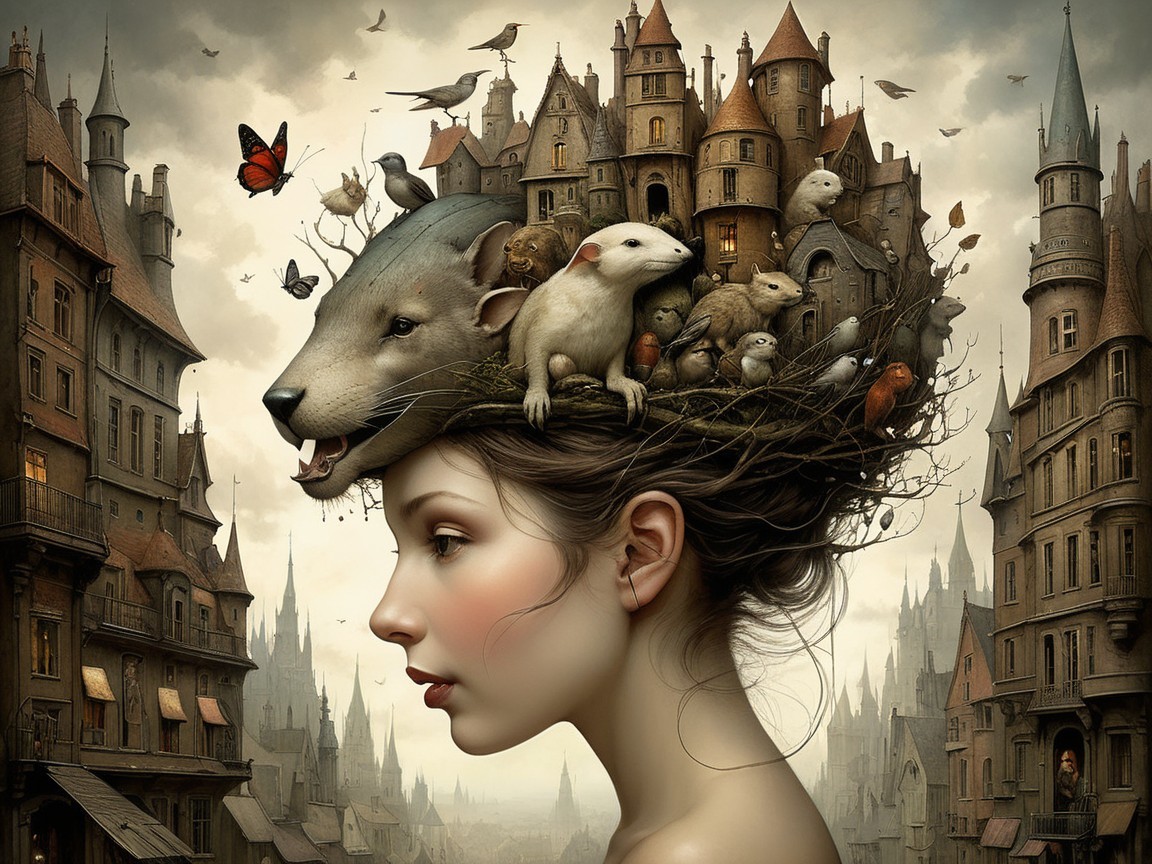 Surreal Scene of Woman with Landscape and Animals