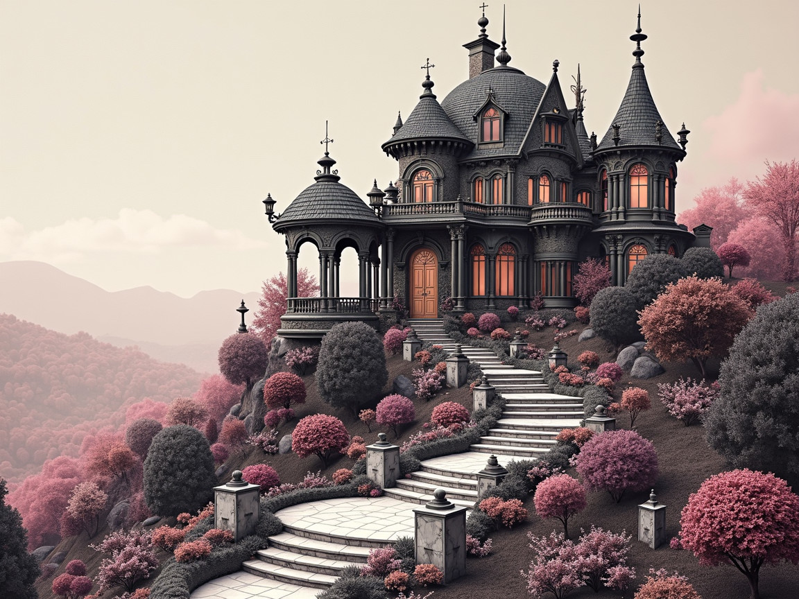 Victorian Gothic Mansion with Turrets and Gardens