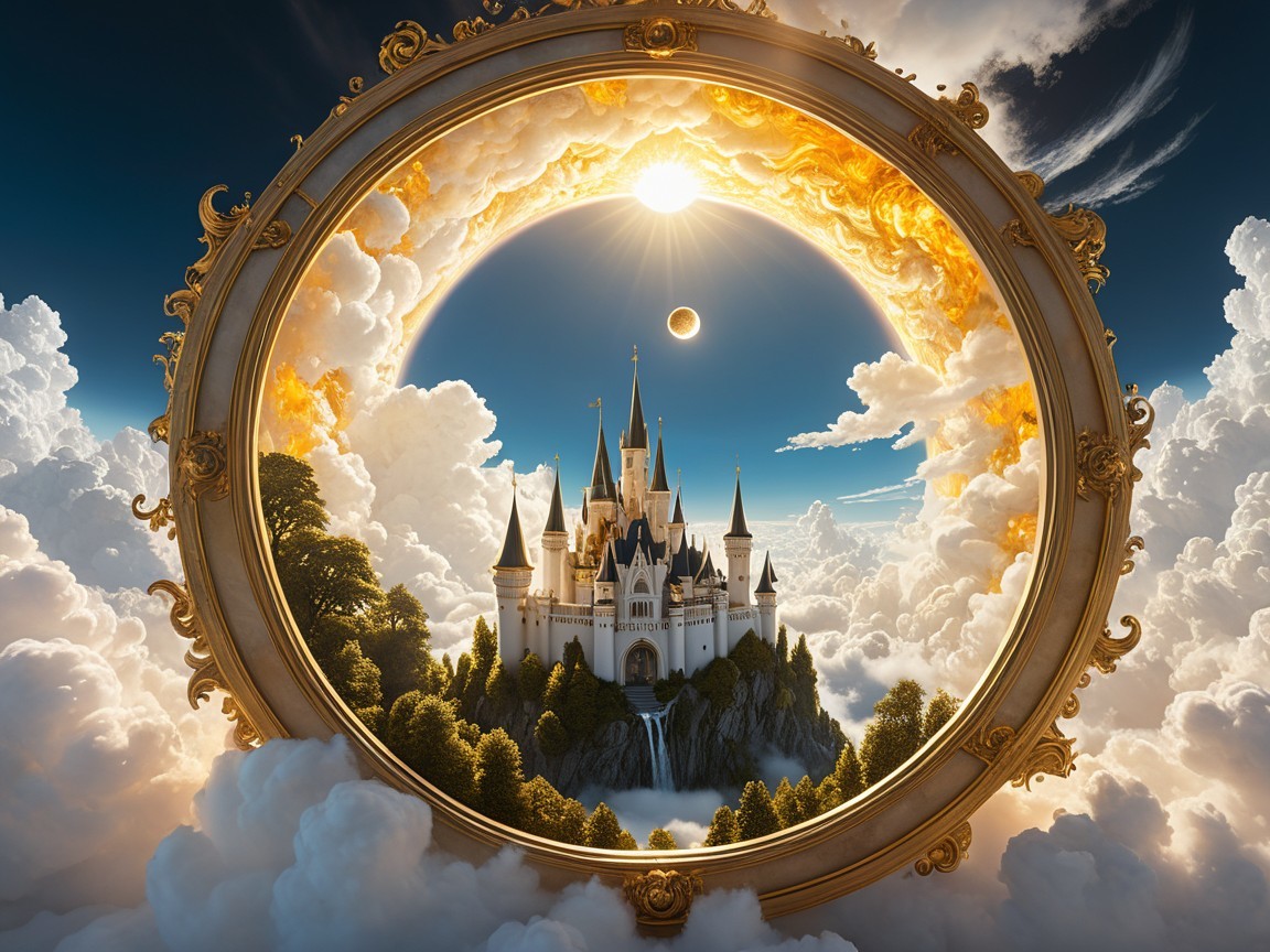 Majestic castle with mirror reflection and solar eclipse