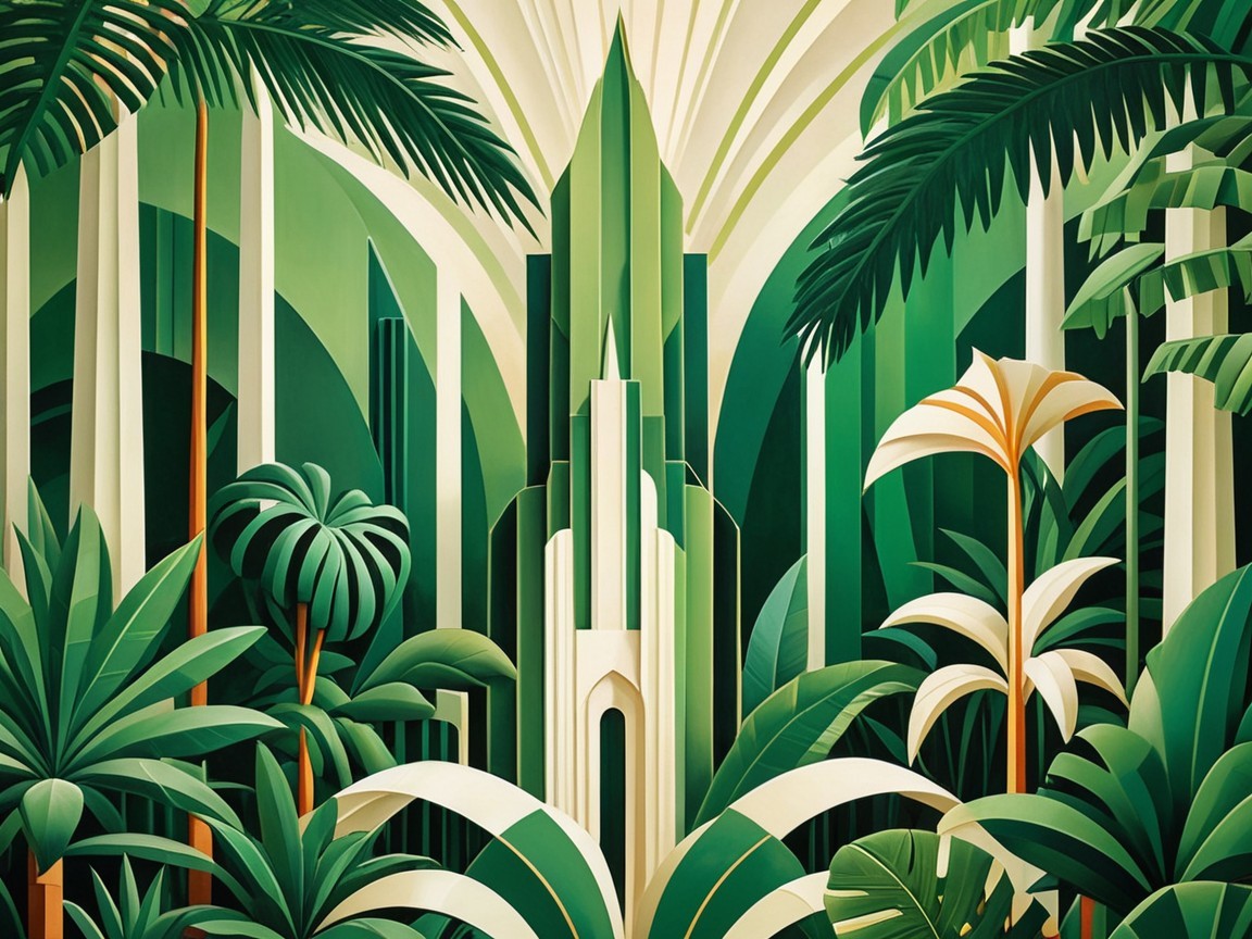 Art Deco Illustration of Jungle and Ornate Skyscraper