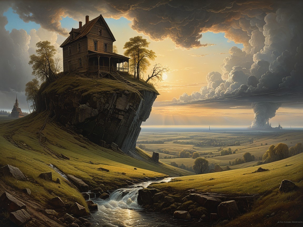 Surreal Landscape with Wooden House on Rocky Outcrop