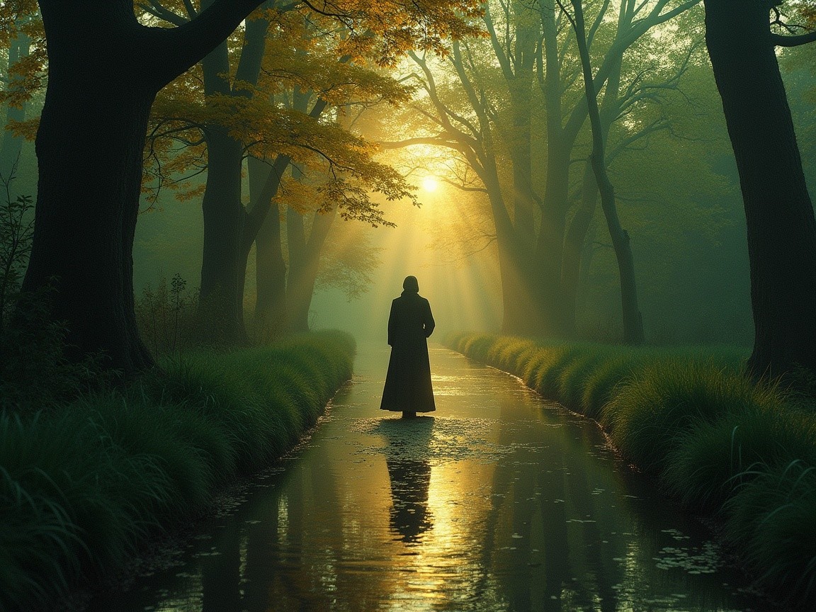 Serene landscape with autumn trees and tranquil waterway