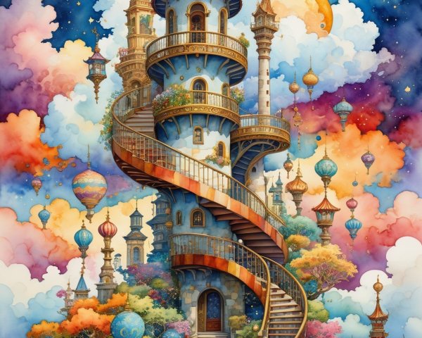 Whimsical Tower Surrounded by Colorful Clouds and Balloons