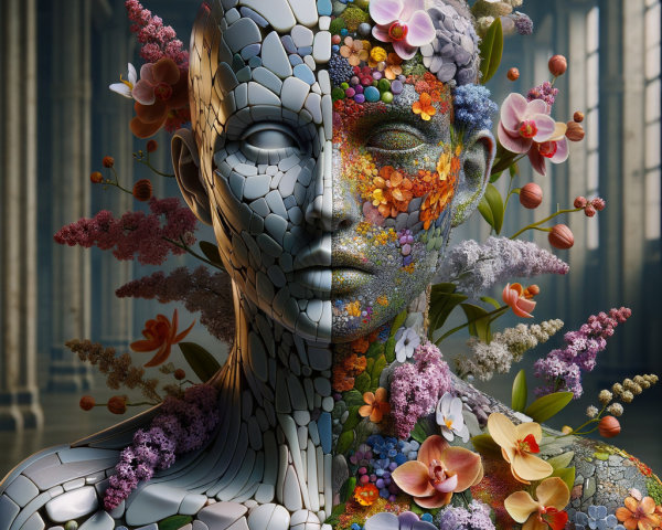 Digital Art of Split Human Bust: Mosaic vs. Floral