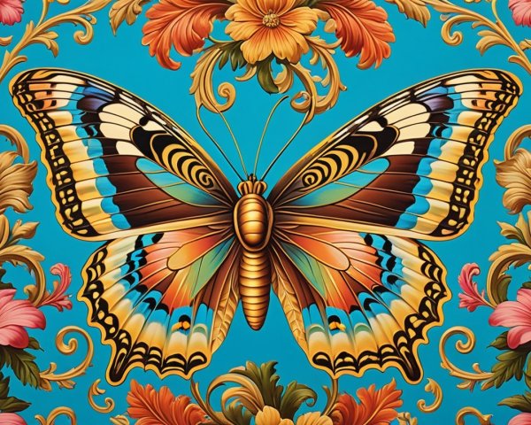 Vibrant Butterfly with Floral Design on Turquoise Background