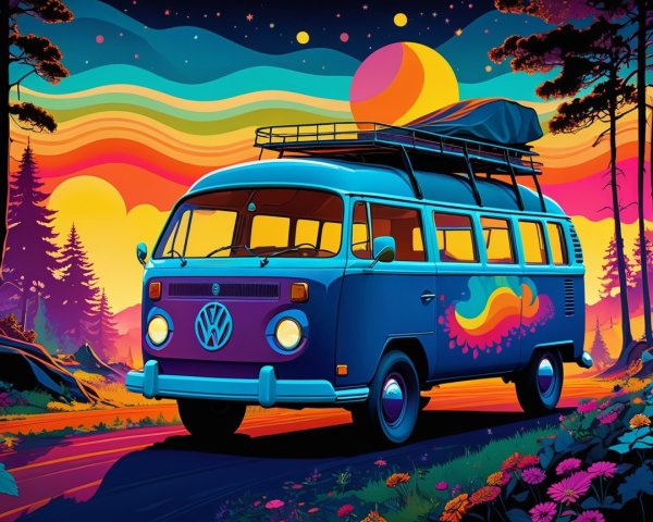 Vibrant Retro Volkswagen Van in Psychedelic Landscape