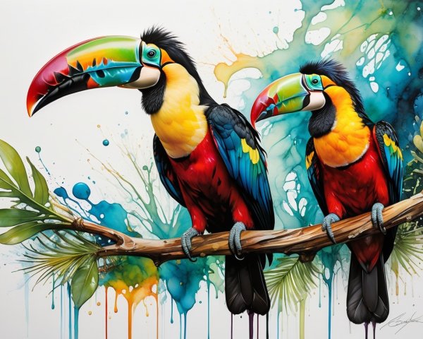 Vibrant Toucans on Branch with Watercolor Background