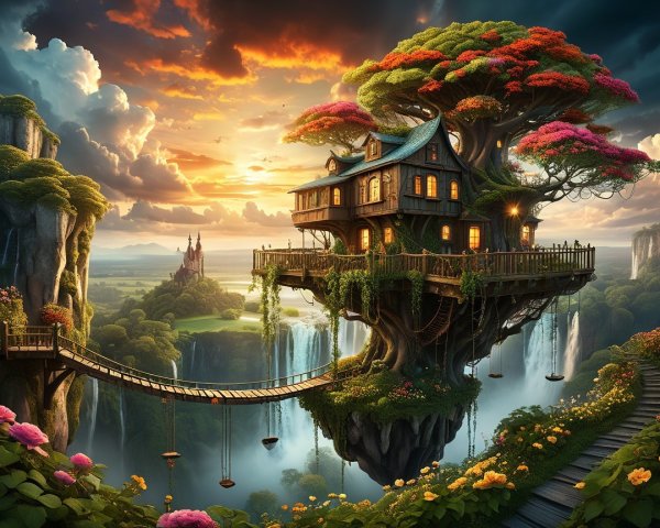 Whimsical Treehouse in a Fantasy Landscape