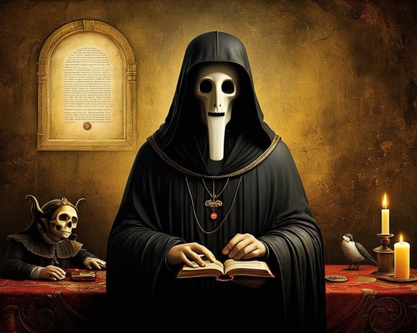 Mysterious Figure in Dark Robe with Ancient Artifacts