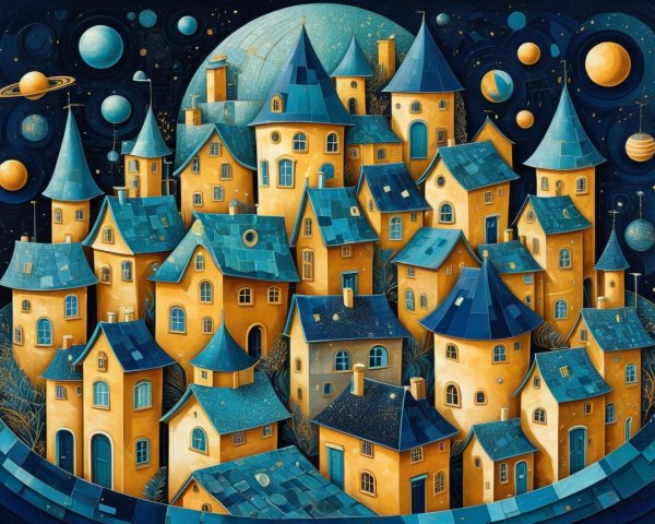 Whimsical Village with Colorful Houses and Cosmic Sky