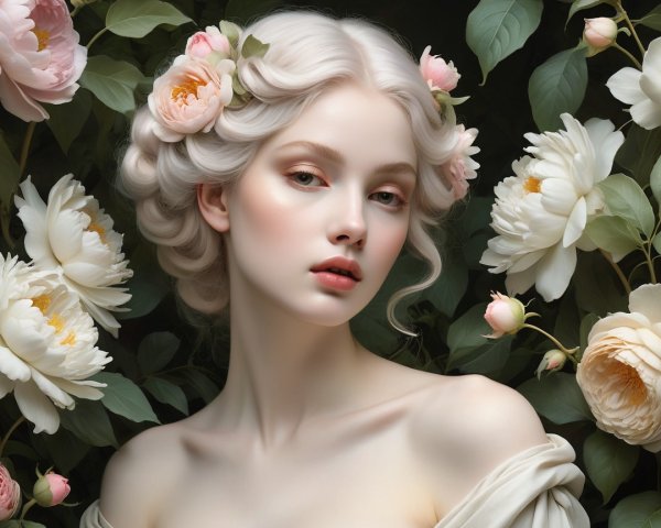 Portrait of a Young Woman with Platinum Hair and Flowers