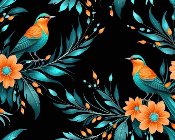Vibrant Floral Pattern with Colorful Birds on Black Background