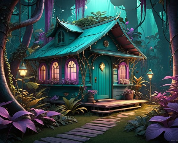 Whimsical Turquoise Cottage in a Lush Jungle Setting