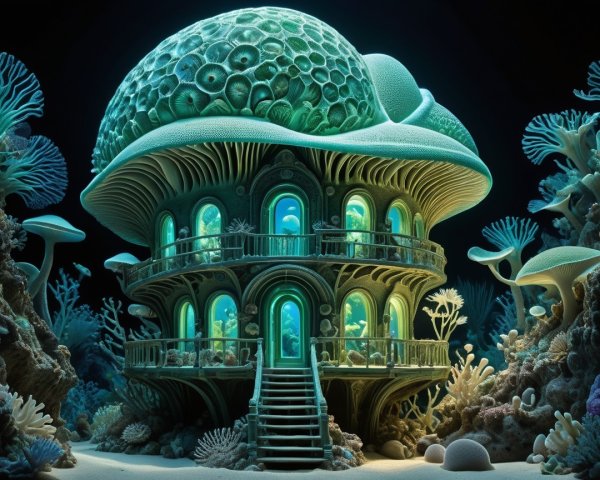 Underwater Mushroom House Surrounded by Coral Reef