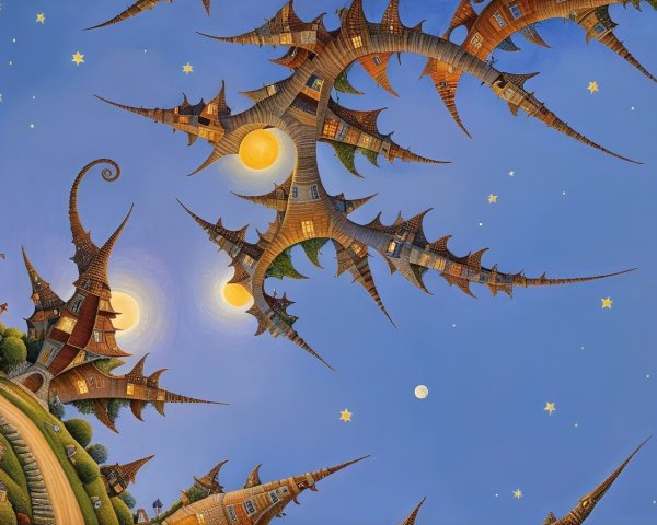 Whimsical Landscape with Spiral-Shaped Buildings
