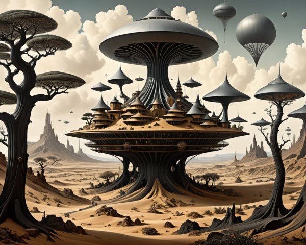 Surreal Landscape with Mushroom Structures and Balloons