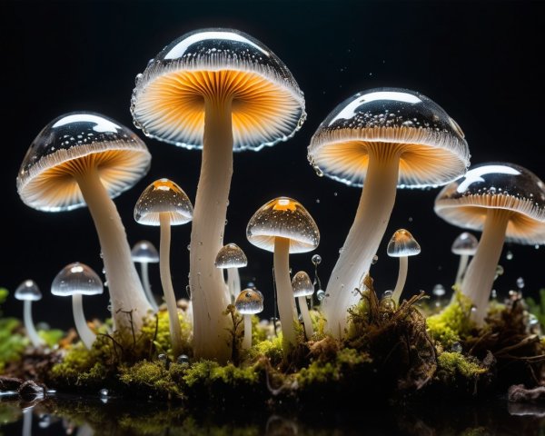 Mushrooms on Green Moss with Water Droplets