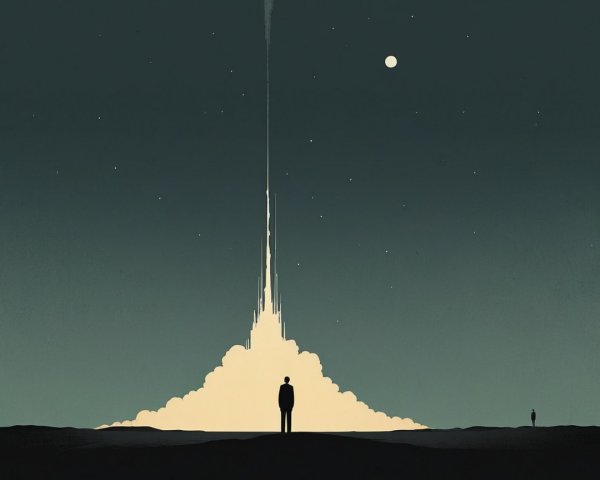 Silhouetted Figures in Starry Sky with Rocket Launch