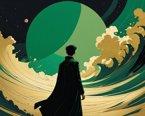 Lone Figure at Cosmic Ocean with Green Planet
