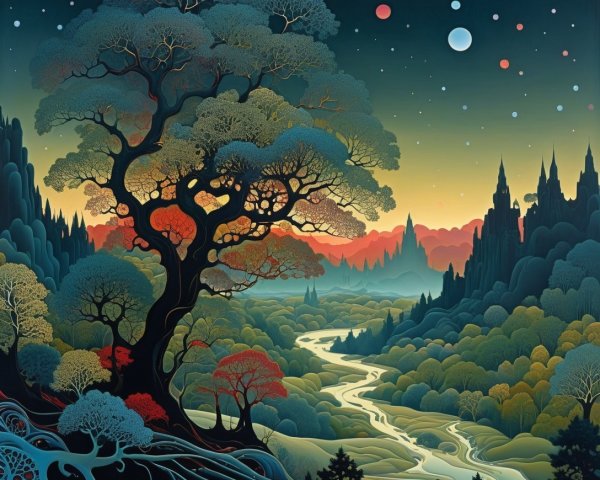 Surreal Landscape with Towering Tree and Sunset Sky