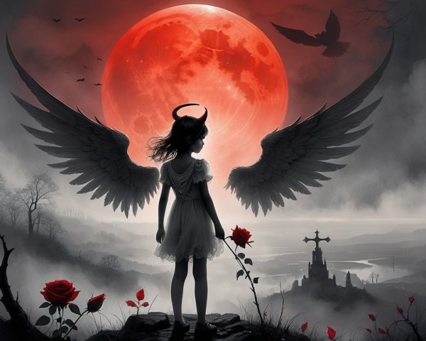 Mysterious Figure with Wings Under Red Moonlight