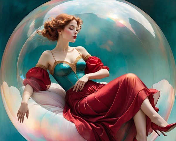 Elegant Woman in Translucent Bubble with Dreamy Colors