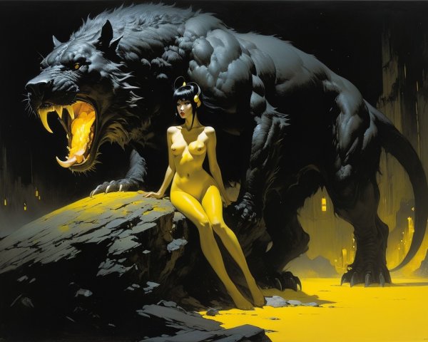 Muscular Creature and Woman in Mystical Scene