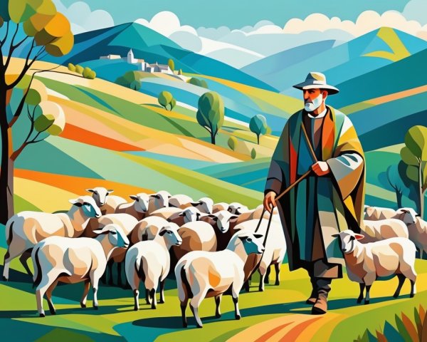 Countryside Scene of Shepherd with Flock of Sheep