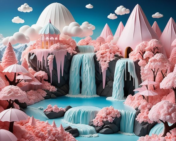 Whimsical Paper Landscape with Pastel Mountains and Waterfalls