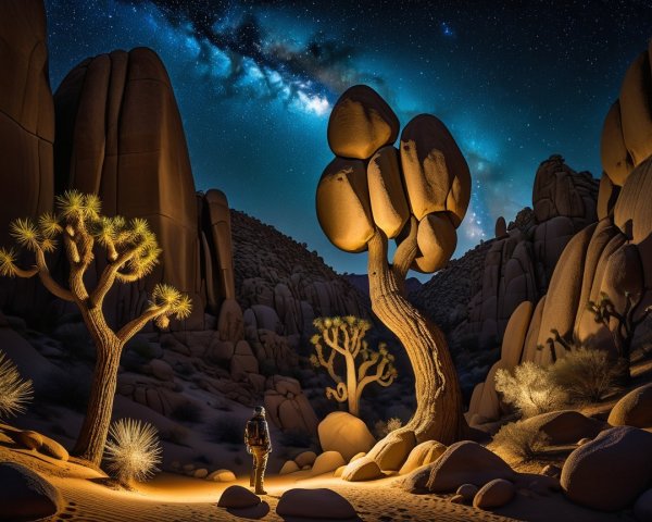 Nighttime Desert Scene with Stars and Unique Tree
