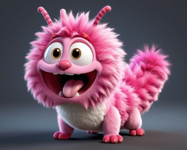 Cartoonish creature with fluffy pink fur and big eyes