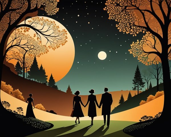 Autumn Couples Strolling Under a Luminous Moon