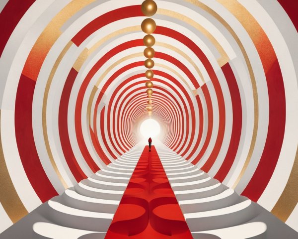 Surreal Tunnel with Red and White Curves and Light
