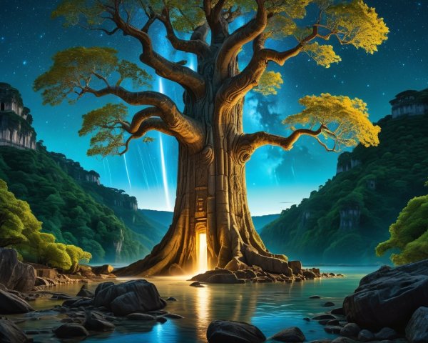 Ancient Tree by Serene Lake Under Starry Sky