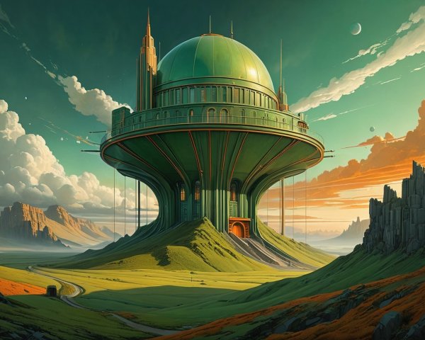Futuristic Dome Structure on a Green Hill Landscape