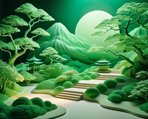 Serene Landscape with Lush Hills and Pagodas