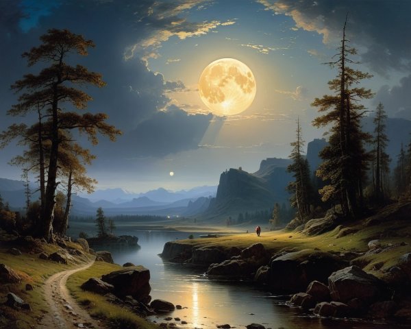 Twilight Landscape with Full Moon and Calm River