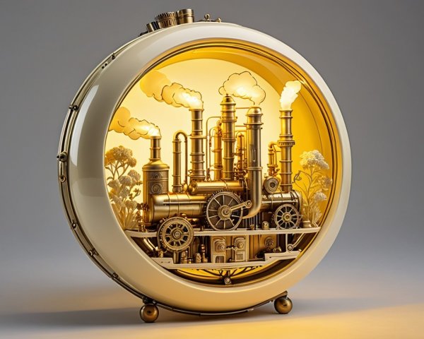 Steampunk Miniature Steam Engine Display in White Frame