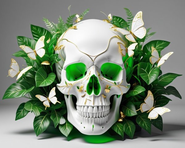 White Skull with Golden Vines and Green Leaves